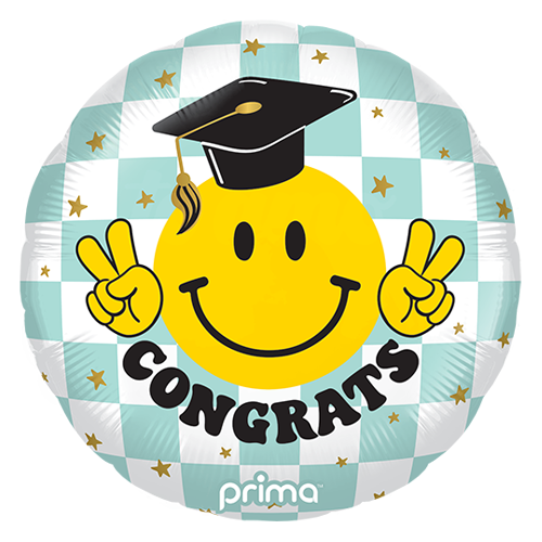 18" Rond Congrats Smile Face Grad Checker - Prima