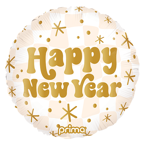 18" Rond Happy New Year Gold & Neutral Checker - Prima