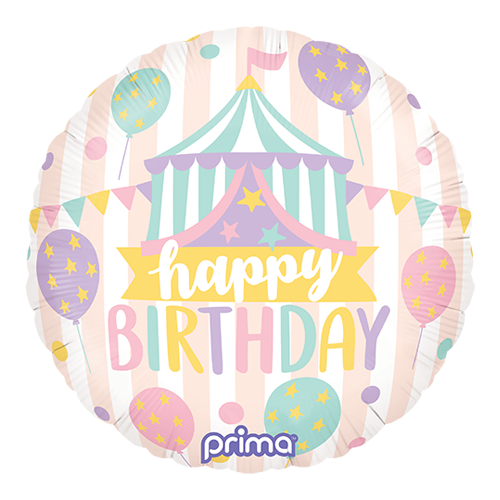 1 Alu 18" Rond Happy Birthday Pastel Circus - Prima